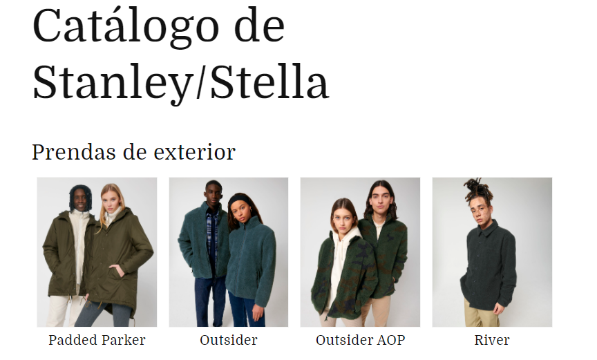 Demostración de integración con la API de Stanley Stella. Se muestra un catálogo de ropa de dicha marca.
